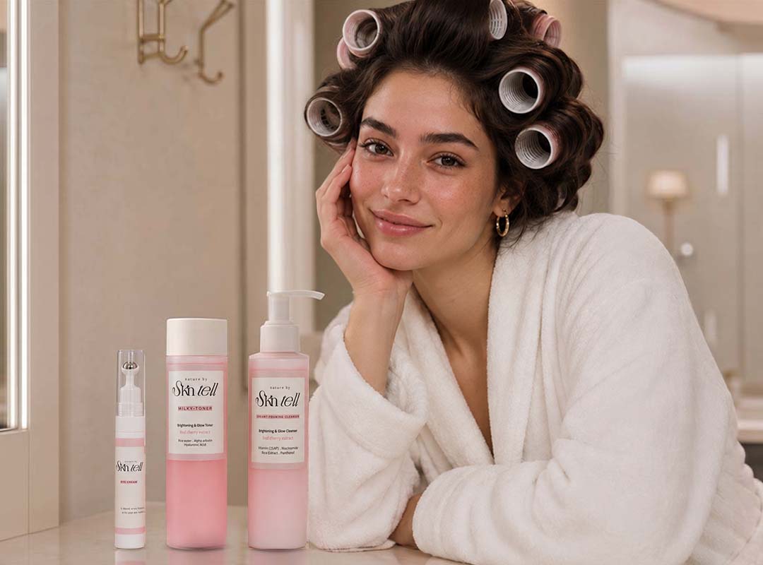 SkinTell skincare products beside a woman in a white robe